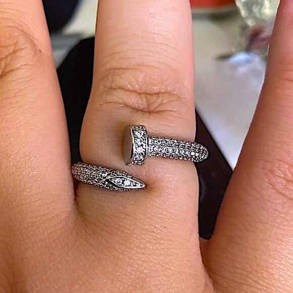 Silver Cubic Zircon Nail Screw Ring - Picture 2 of 11